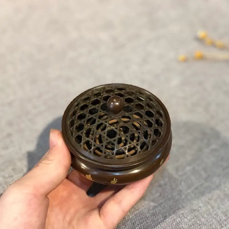 Gold Splash Purple Copper Tripod Incense Burner - Antique Bronze Style with Lid - Front View