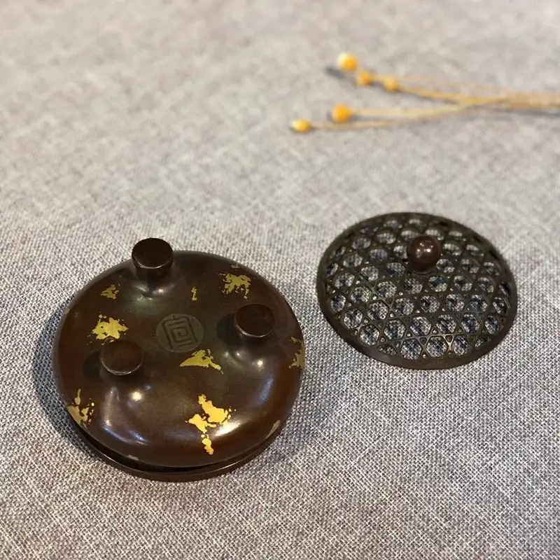 Gold Splash Purple Copper Tripod Incense Burner - Antique Bronze Style with Lid - Back View
