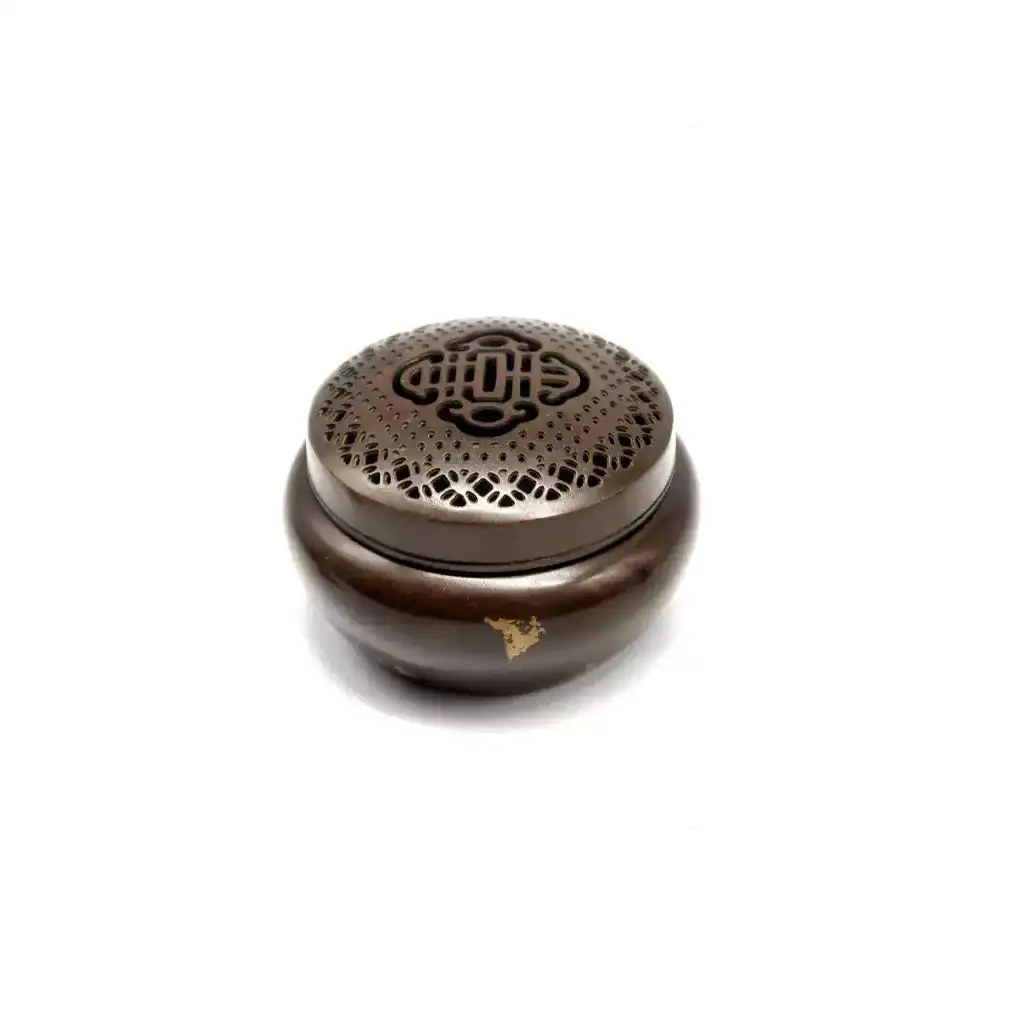 Gold Splash Purple Copper Portable Incense Burner - Round Coil Censer with Lid - Front View