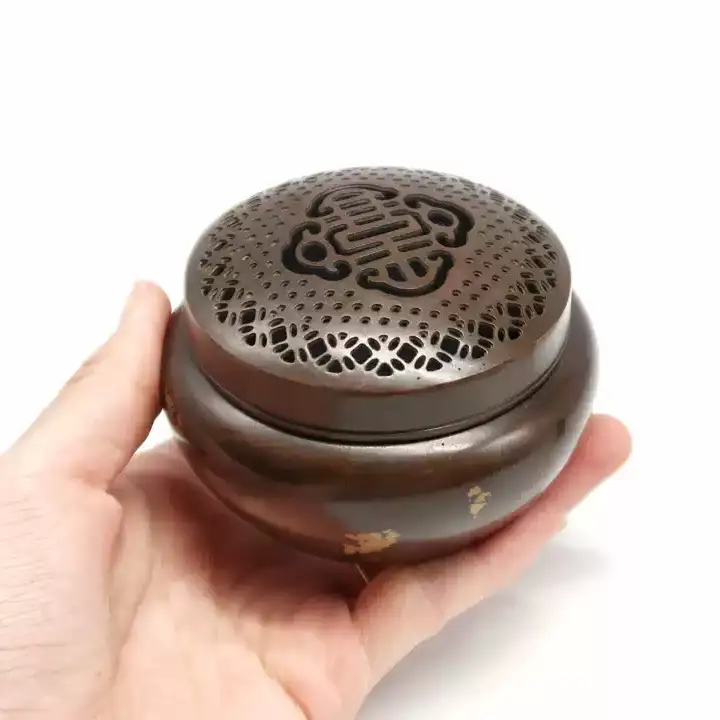 Gold Splash Purple Copper Portable Incense Burner - Round Coil Censer with Lid - Side View