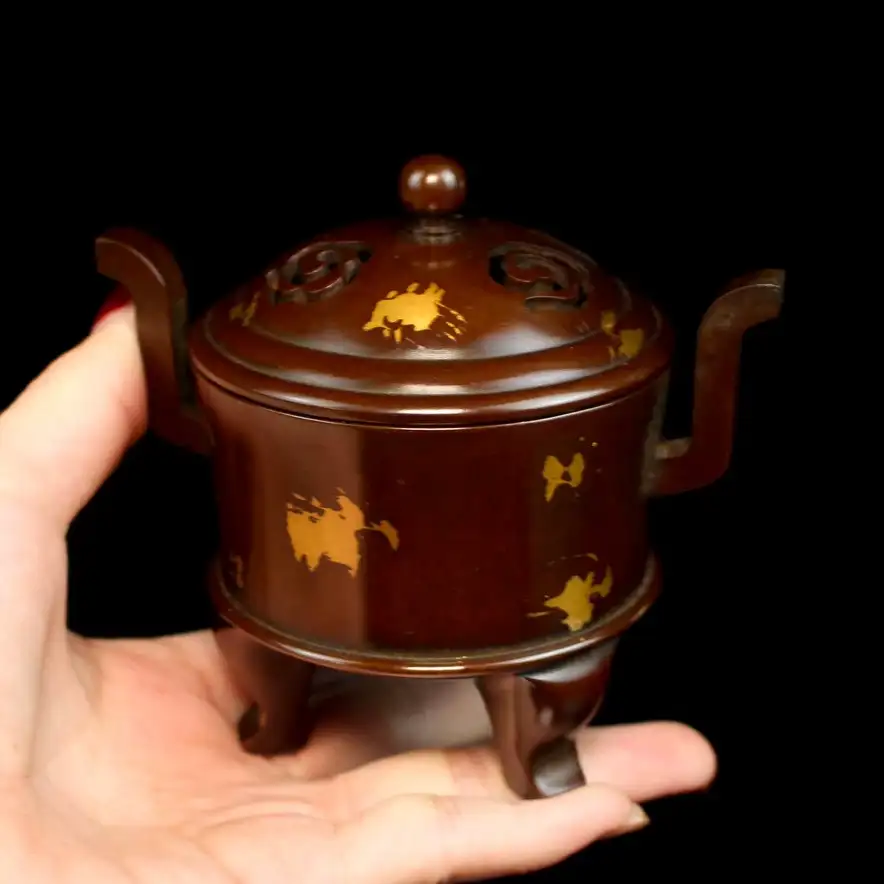 Gold Splash Purple Copper Tripod Censer - Antique Bronze Temple Style with Handles - Front View