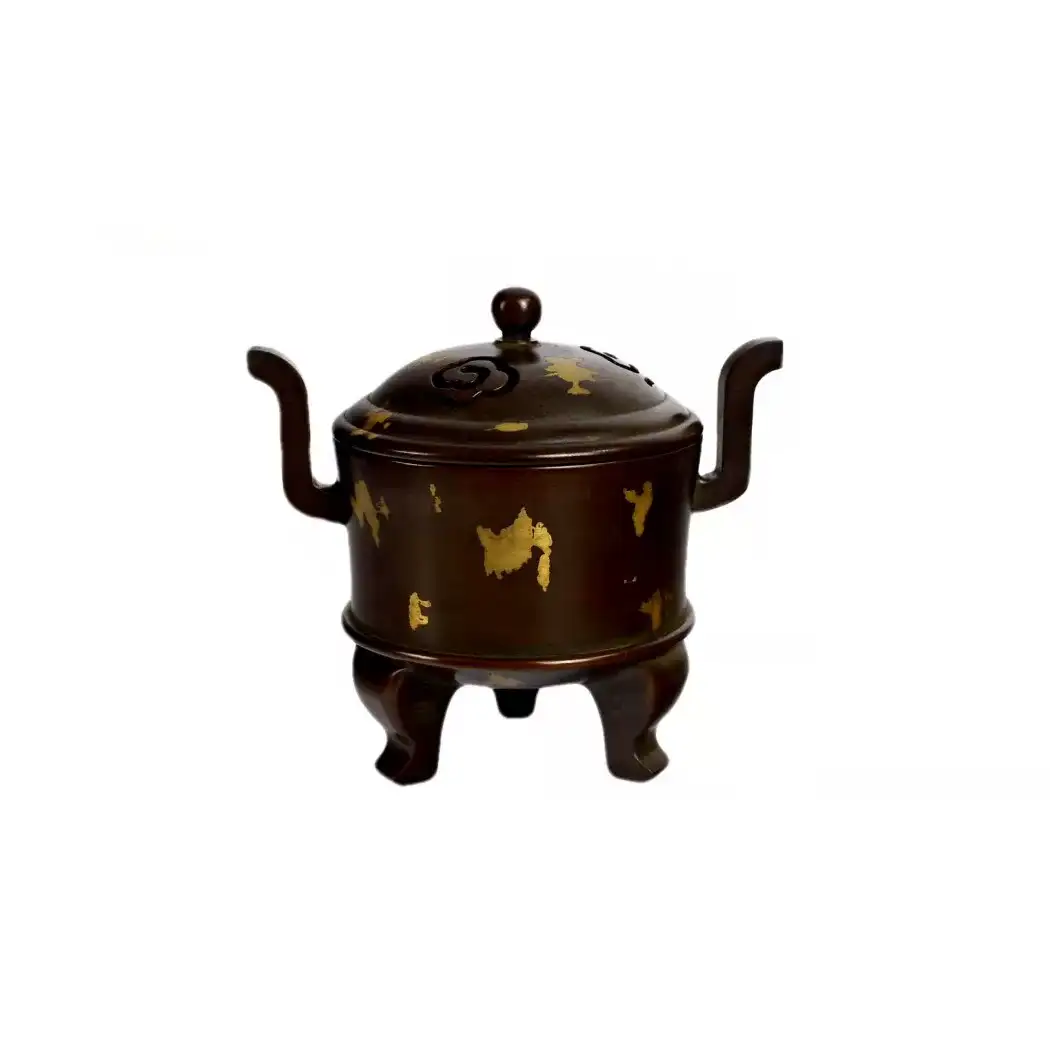 Gold Splash Purple Copper Tripod Censer - Antique Bronze Temple Style with Handles - Detail Shot