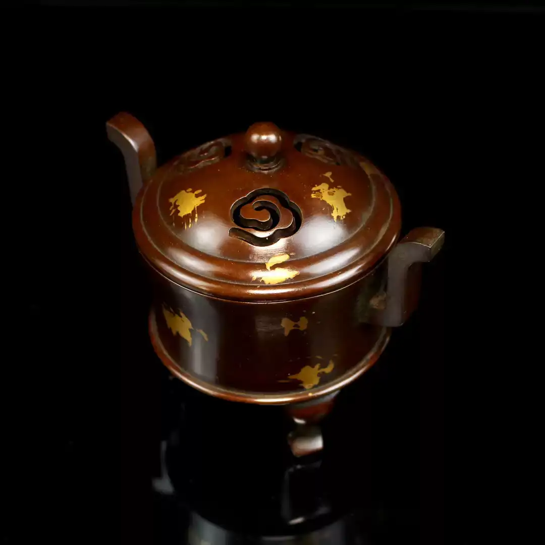 Gold Splash Purple Copper Tripod Censer - Antique Bronze Temple Style with Handles regular brown