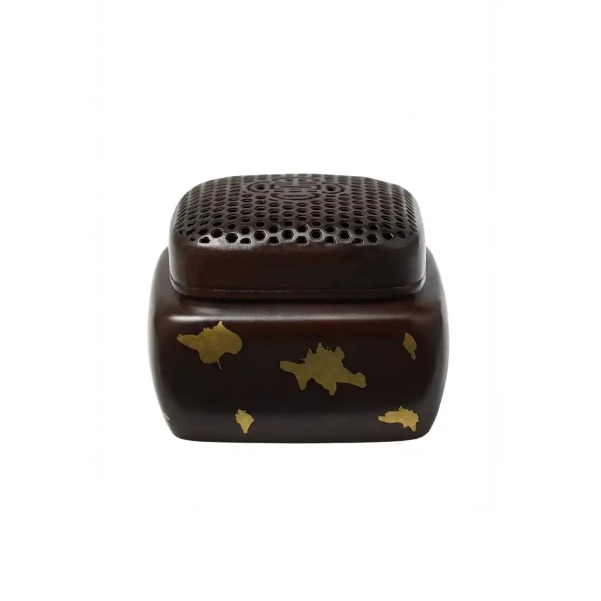Gold Splash Purple Copper Square Incense Burner - Antique Style Censer with Lid - Detail Shot