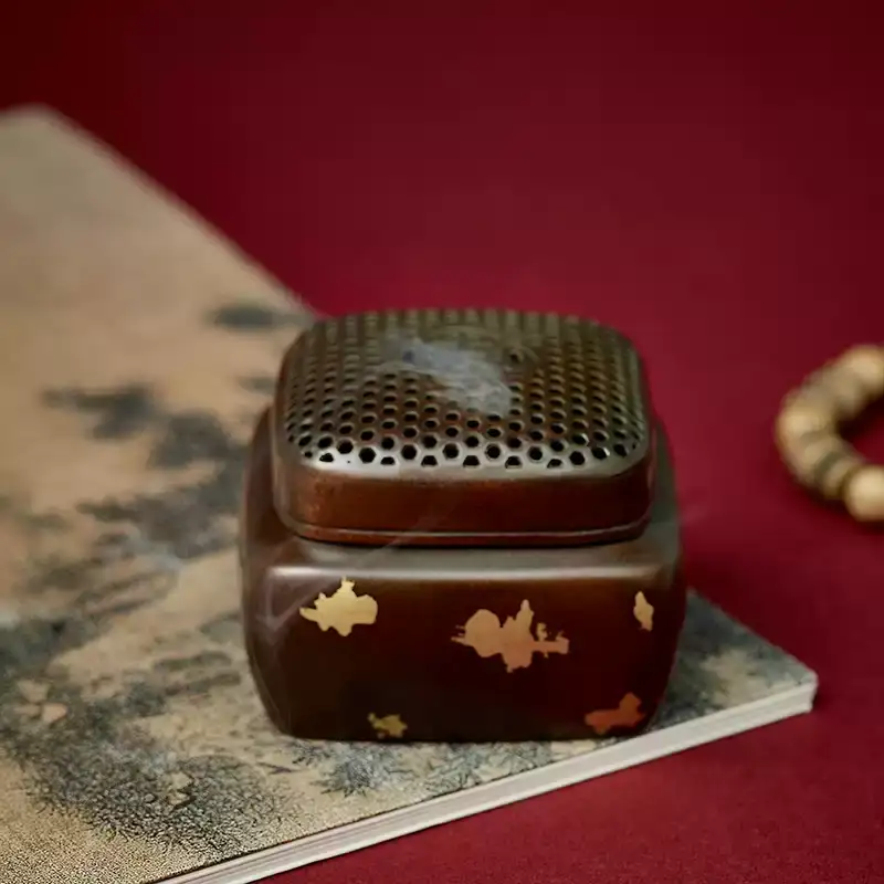 Gold Splash Purple Copper Square Incense Burner - Antique Style Censer with Lid regular brown