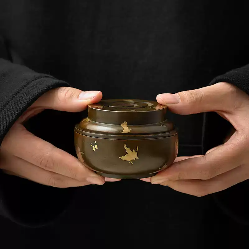 Gold Splash Purple Copper Incense Pot - Antique Agarwood Burner with Cloud Lid - Side View