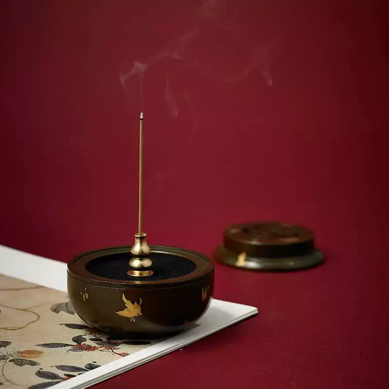 Gold Splash Purple Copper Incense Pot - Antique Agarwood Burner with Cloud Lid - Back View