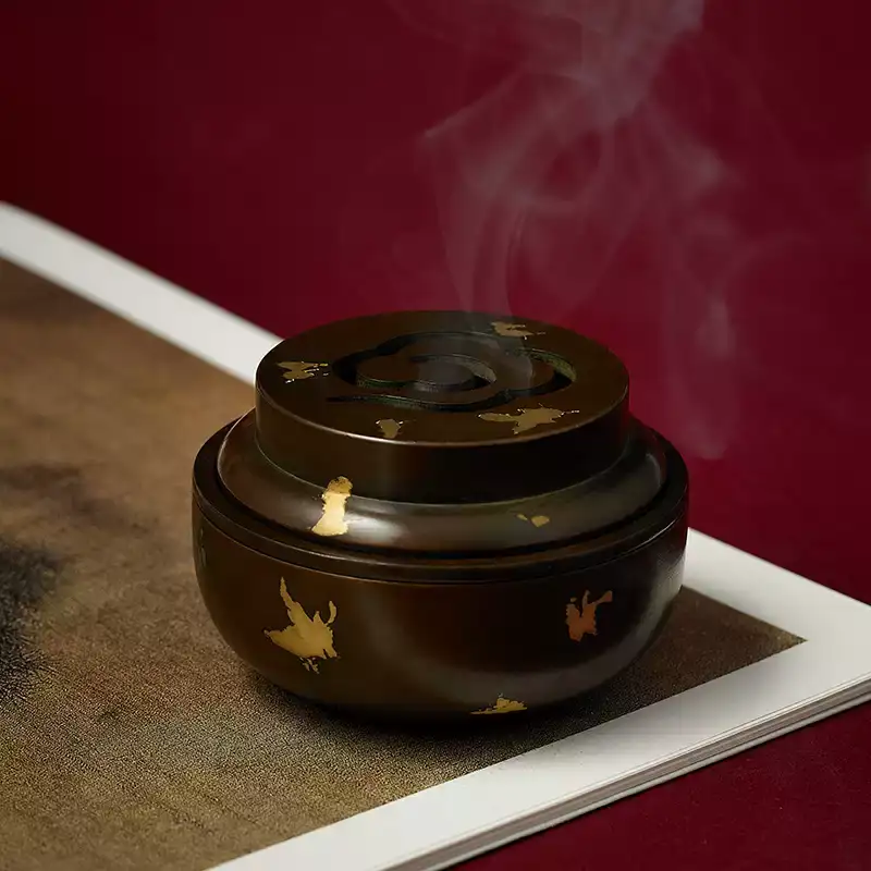 Gold Splash Purple Copper Incense Pot - Antique Agarwood Burner with Cloud Lid regular brown
