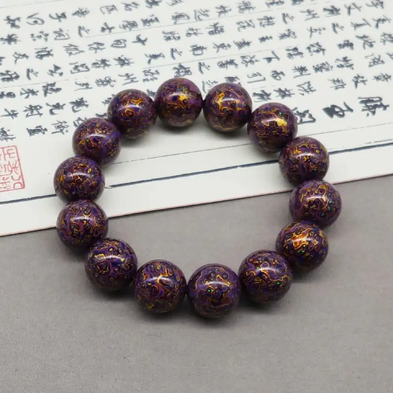 Chinese Lacquerware & Urushi, Buddha & Taoism Bracelet 12mm x 16 purple with gold