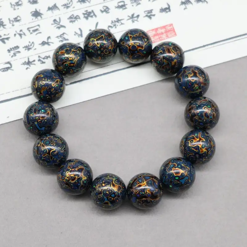 Chinese Lacquerware & Urushi, Buddha & Taoism Bracelet 12mm x 16 blue with gold