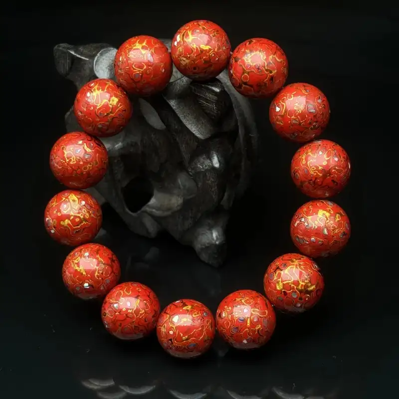 Chinese Lacquerware & Urushi, Buddha & Taoism Bracelet 12mm x 16 cinnabar