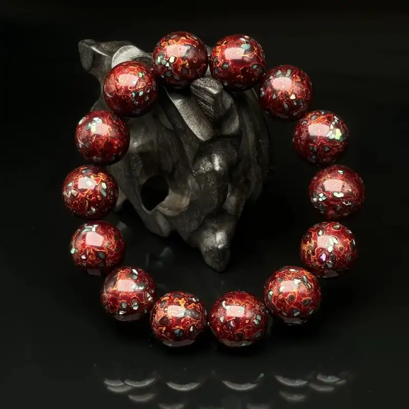 Chinese Lacquerware & Urushi, Buddha & Taoism Bracelet 12mm x 16 crimson