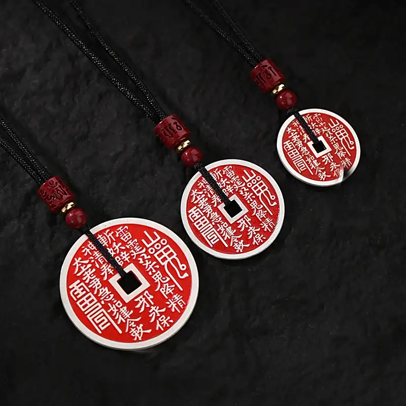 Mountain Spirit Talisman Coin - Taoism Charm 25mm cinnabar with silver