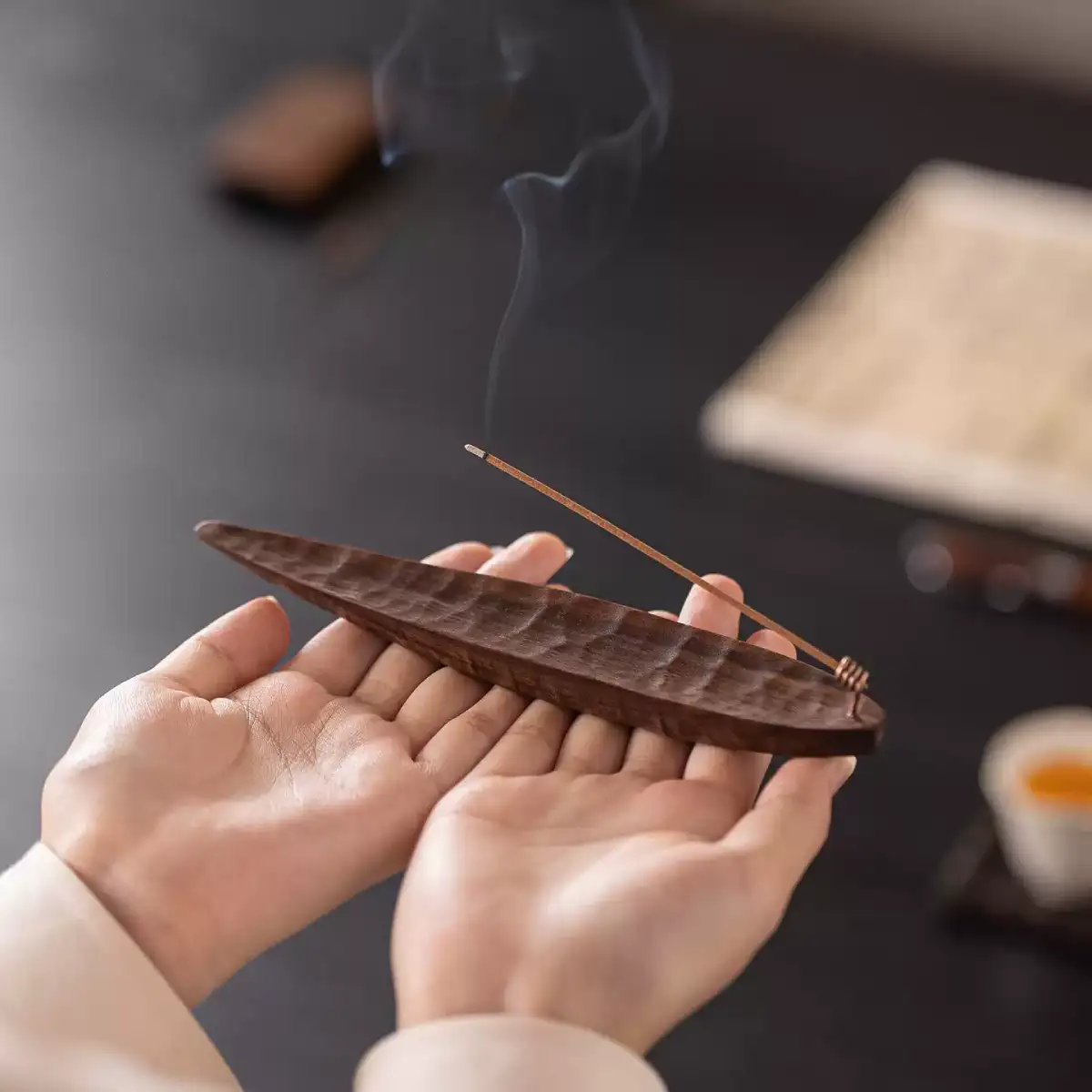 The Zenith Vessel | Hand-Carved Ebony & Walnut Zen Incense Boat - Back View