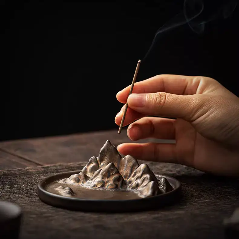Vintage Golden Mountain Incense Holder | Artisanal Ceramic Burner round brown