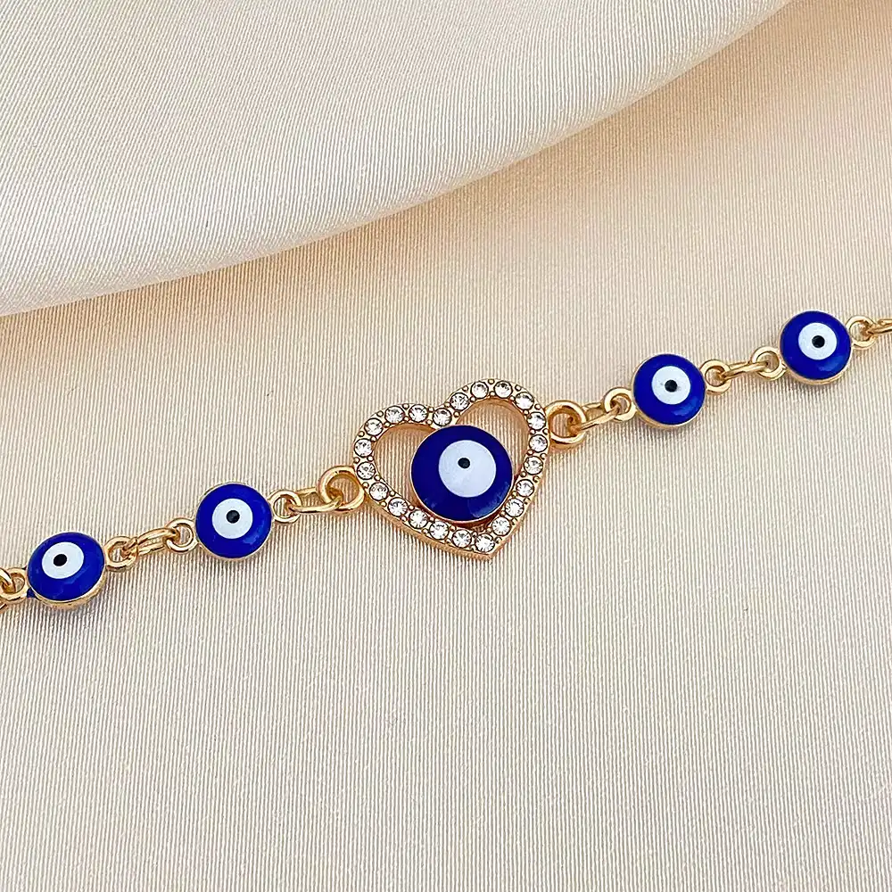 Dainty Evil Eye Heart Charm Bracelet - Gold Plated Protection Amulet Jewelry for Women - Front View