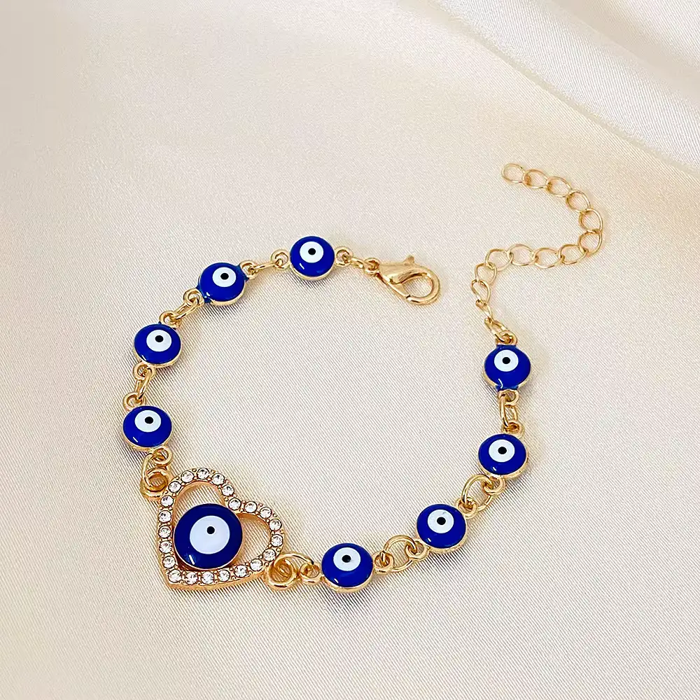Dainty Evil Eye Heart Charm Bracelet - Gold Plated Protection Amulet Jewelry for Women - Side View
