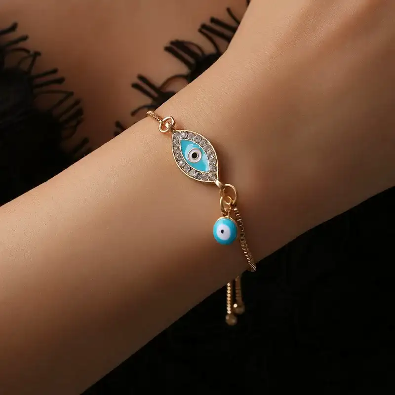 Dainty Evil Eye Heart Charm Bracelet - Gold Plated Protection Amulet Jewelry for Women 18 cm light blue