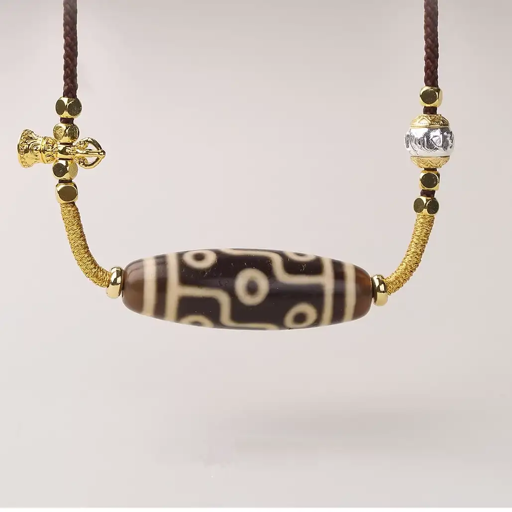 Authentic Tibetan Hand-Braided Dzi Bead Amulet Necklace – Sacred Talisman for Harmony, Luck, and Positive Energy - Front View