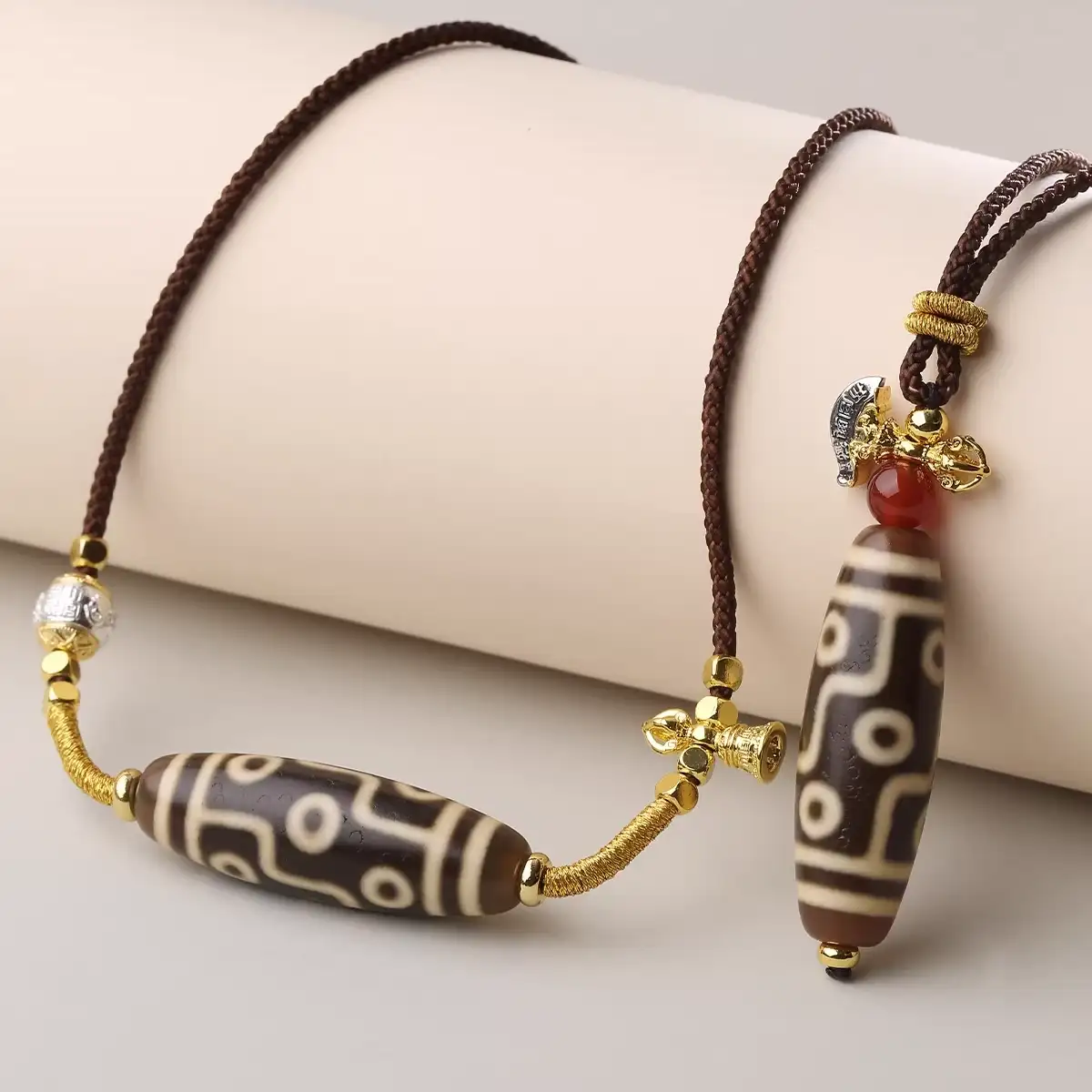 Authentic Tibetan Hand-Braided Dzi Bead Amulet Necklace – Sacred Talisman for Harmony, Luck, and Positive Energy - Detail Shot