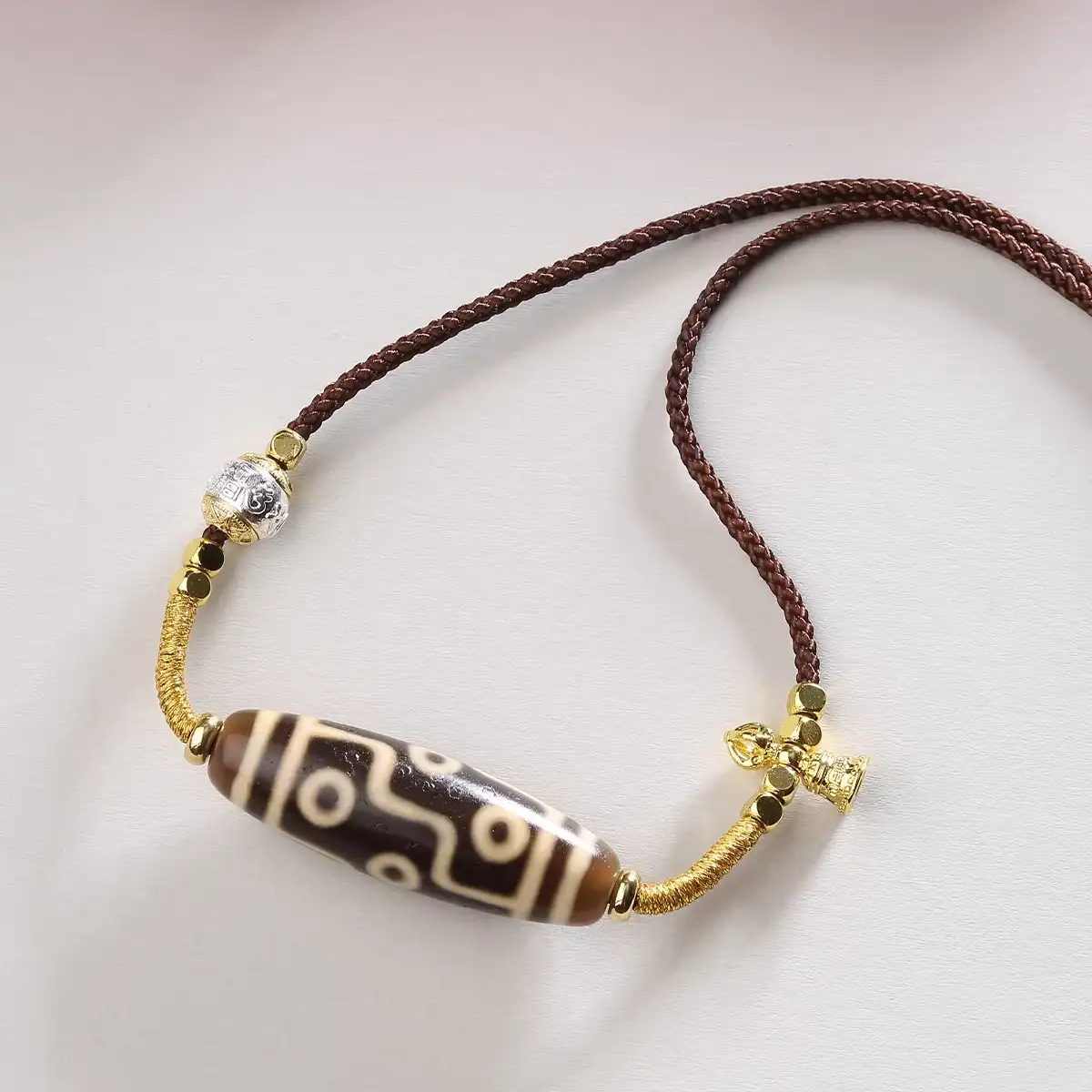 Authentic Tibetan Hand-Braided Dzi Bead Amulet Necklace – Sacred Talisman for Harmony, Luck, and Positive Energy 35mm brown