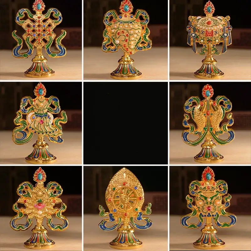 Handcrafted Tibetan Eight Auspicious Symbols (Ashtamangala) Set with Presentation Box – Golden & Colorful Enamel Talismans for Good Fortune and Positive Energy - Front View