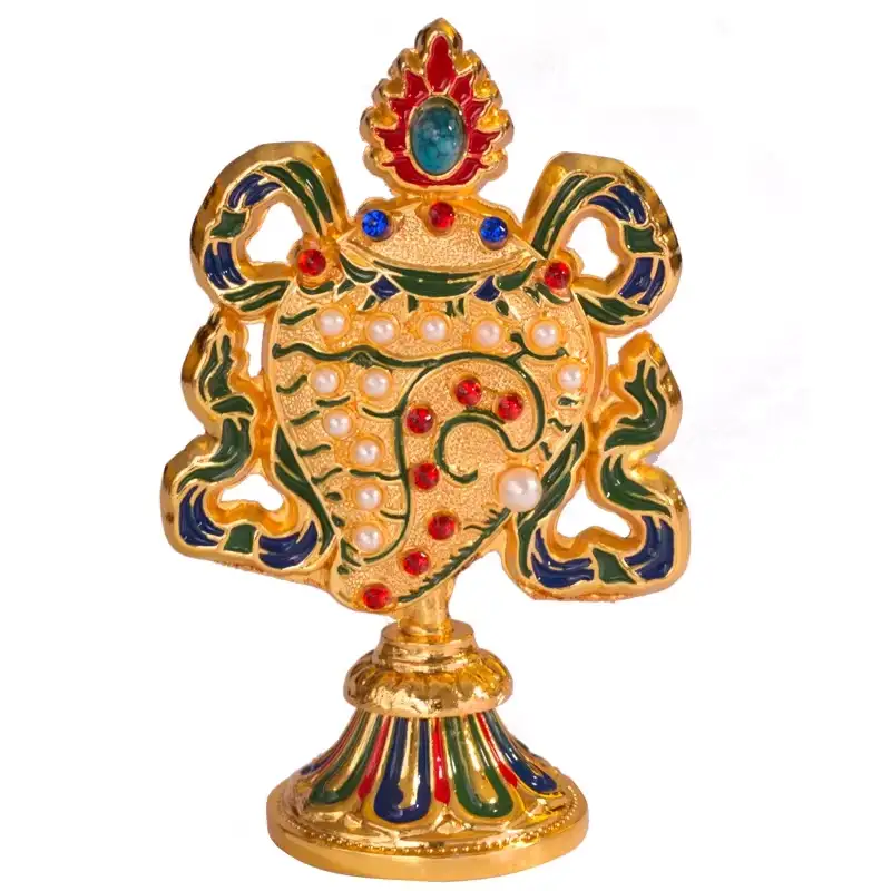 Handcrafted Tibetan Eight Auspicious Symbols (Ashtamangala) Set with Presentation Box – Golden & Colorful Enamel Talismans for Good Fortune and Positive Energy - Detail Shot