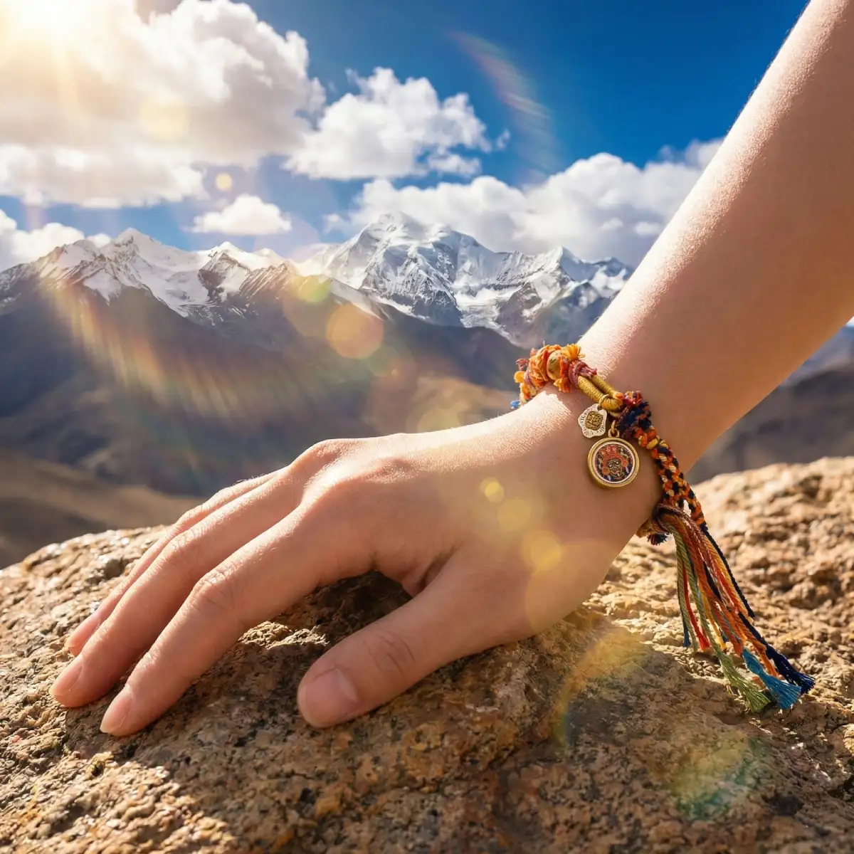 Himalayan Blessing: Handwoven Tibetan Lucky Knot Bracelet with Sacred Charms - Front View