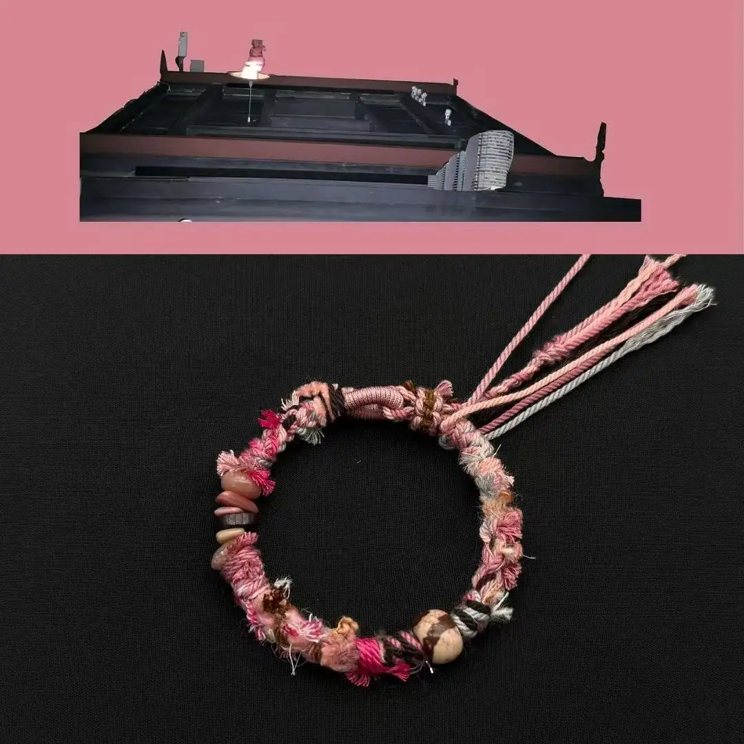 Himalayan Blessing: Handwoven Tibetan Lucky Knot Bracelet with Sacred Charms regular peach mist