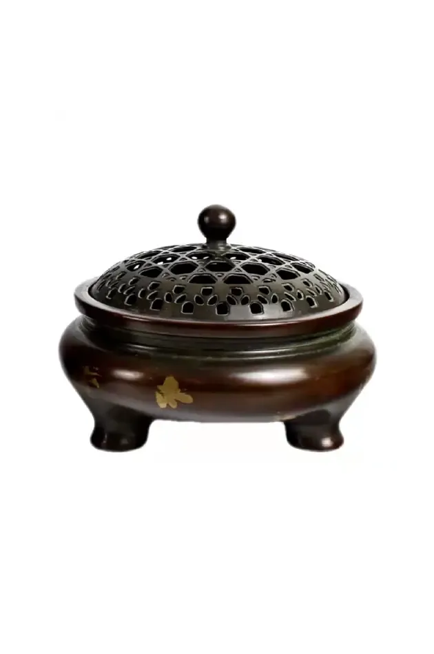 Gold Splash Purple Copper Tripod Incense Burner - Antique Bronze Style with Lid