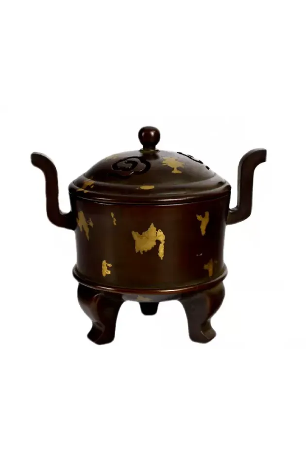 Gold Splash Purple Copper Tripod Censer - Antique Bronze Temple Style with Handles
