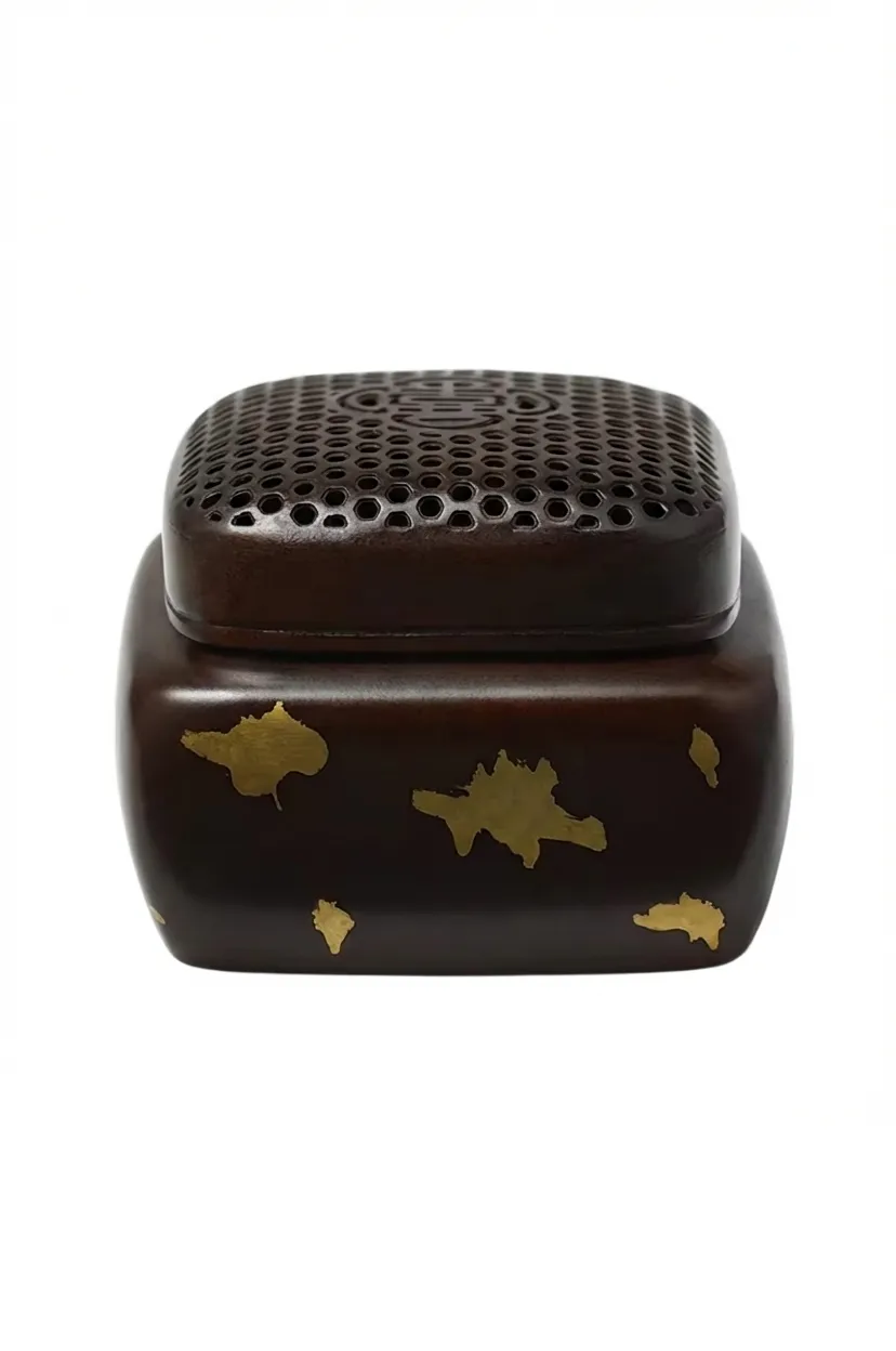 Gold Splash Purple Copper Square Incense Burner - Antique Style Censer with Lid