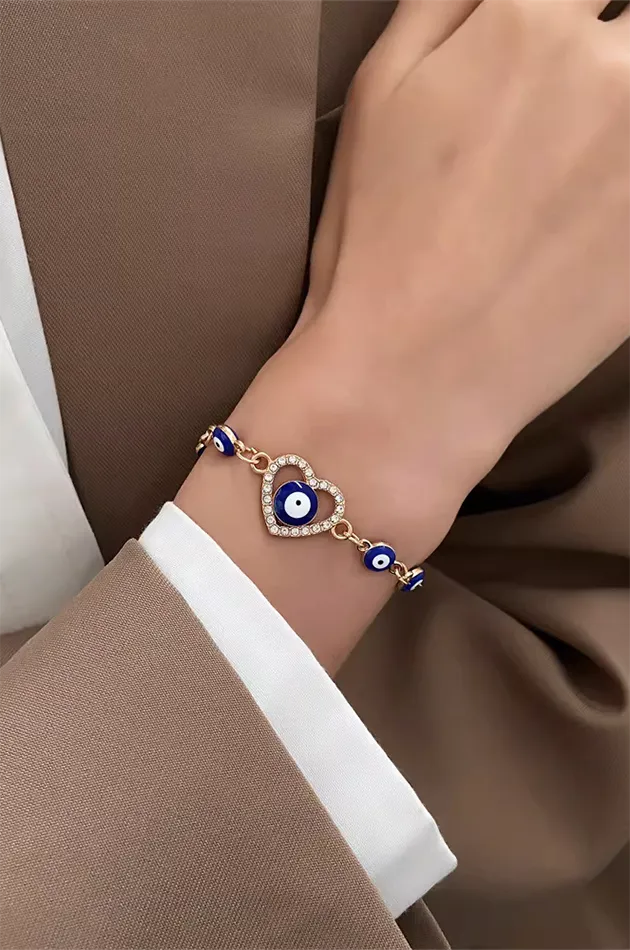 Dainty Evil Eye Heart Charm Bracelet - Gold Plated Protection Amulet Jewelry for Women