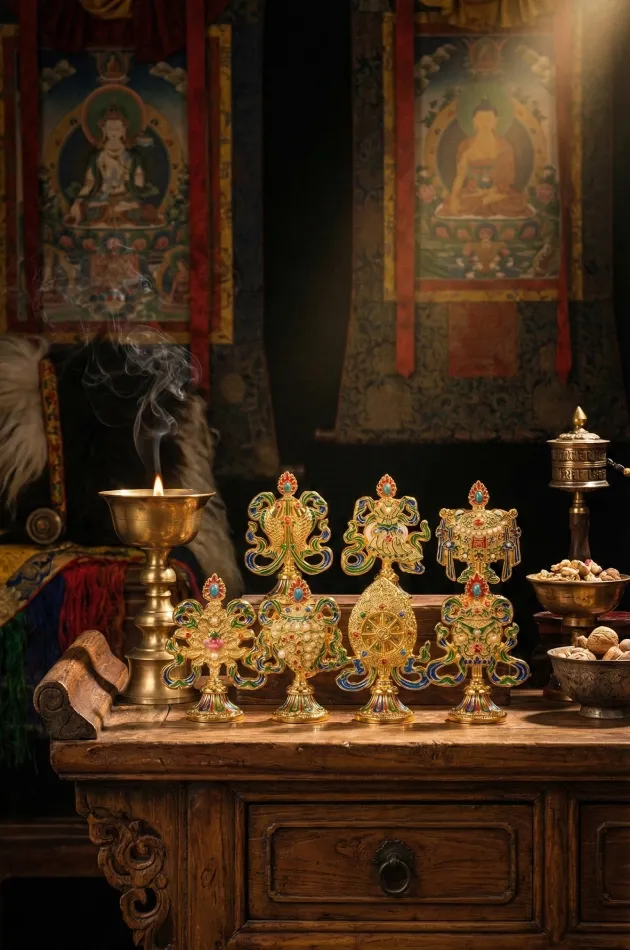 Handcrafted Tibetan Eight Auspicious Symbols (Ashtamangala) Set with Presentation Box – Golden & Colorful Enamel Talismans for Good Fortune and Positive Energy