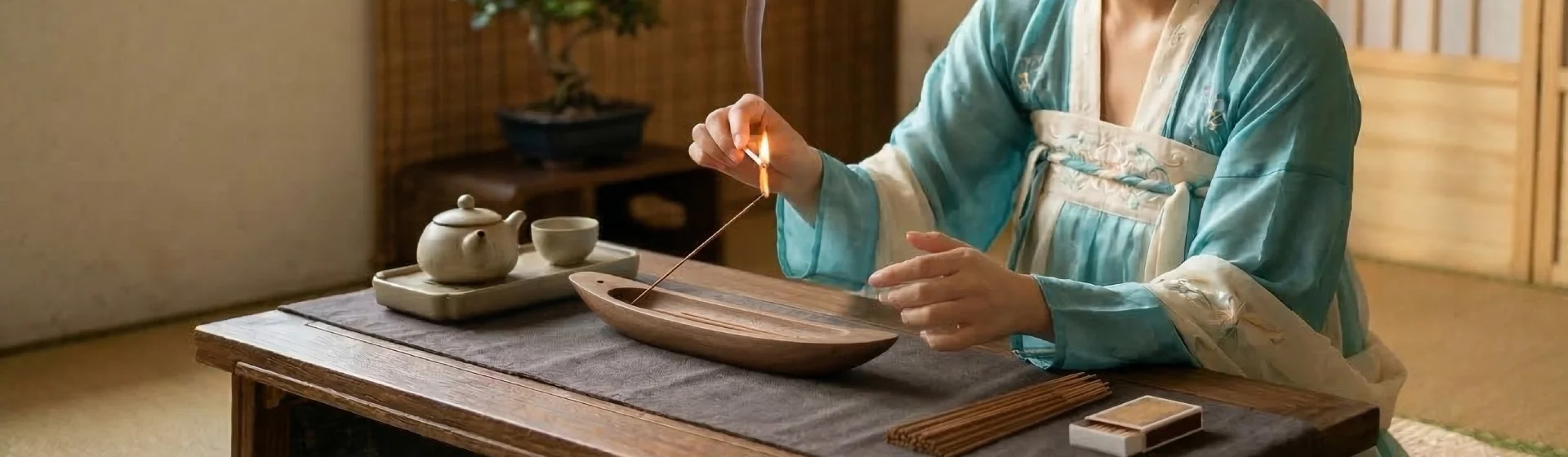 Handcrafted wooden incense holder and carved incense boat on a wooden table