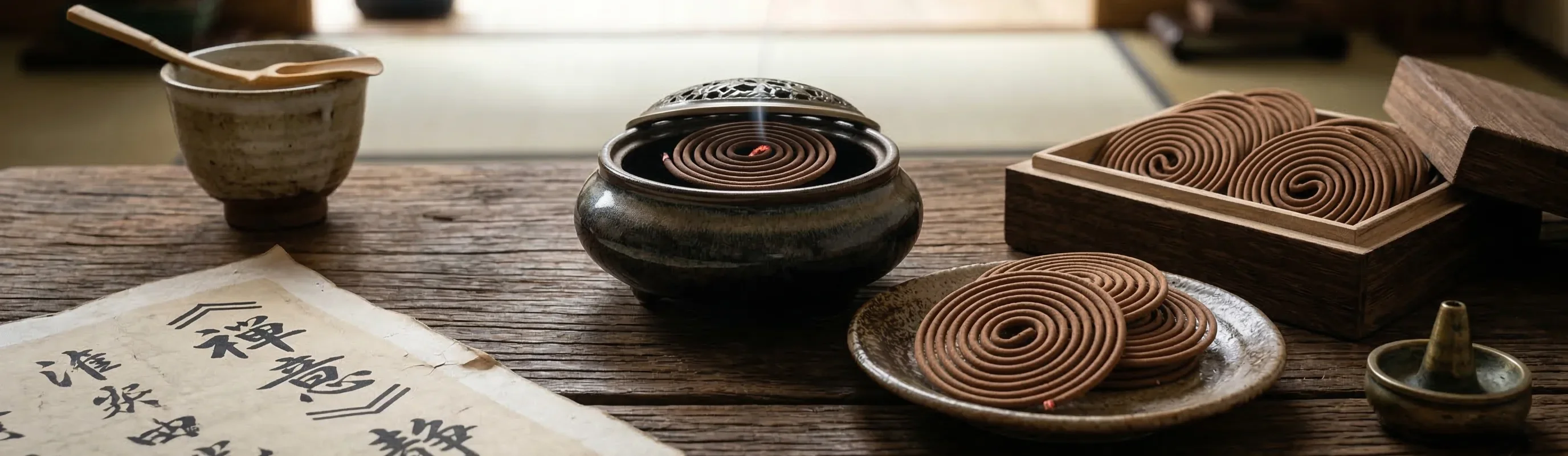 Natural spiral incense coils hanging in a decorative incense coil burner