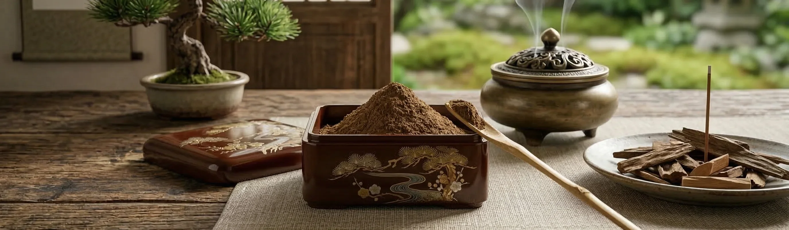 Natural sandalwood incense powder and makko powder next to a resin incense burner