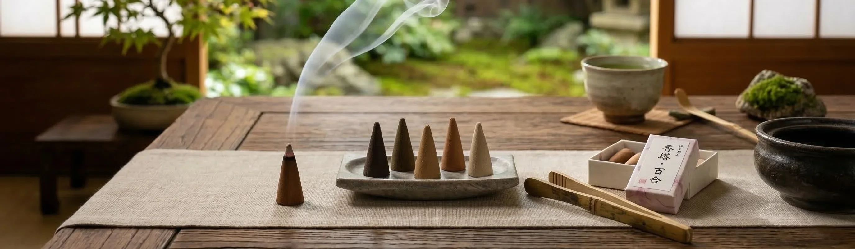 Burning natural incense cones on a decorative incense cone holder