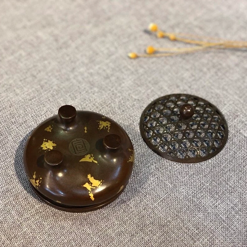 Gold Splash Purple Copper Tripod Incense Burner - Antique Bronze Style with Lid - Back View