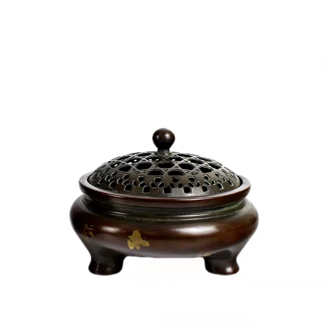 Gold Splash Purple Copper Tripod Incense Burner - Antique Bronze Style with Lid regular brown