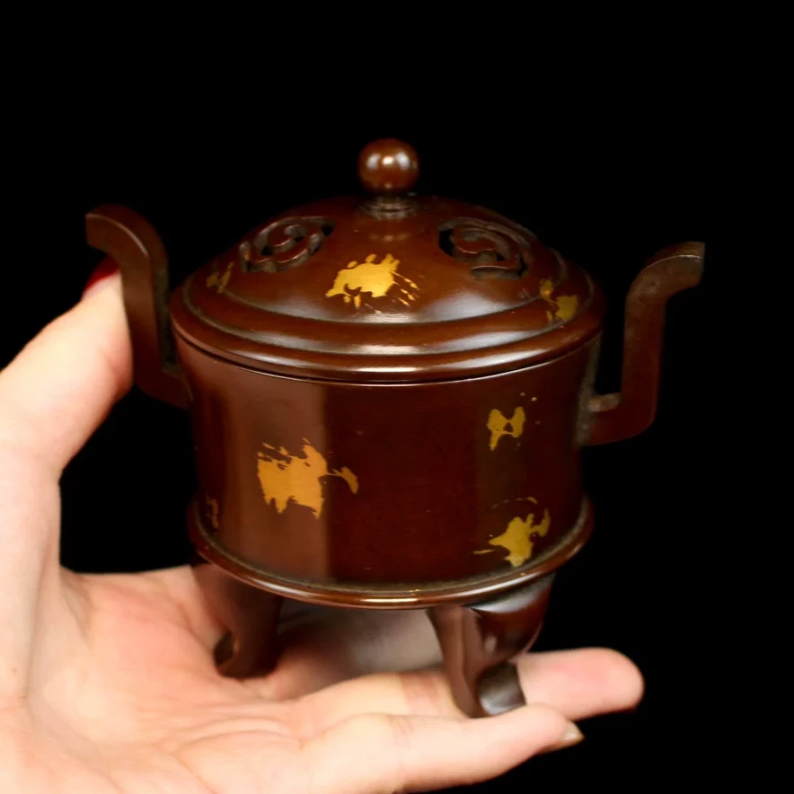 Gold Splash Purple Copper Tripod Censer - Antique Bronze Temple Style with Handles - Front View
