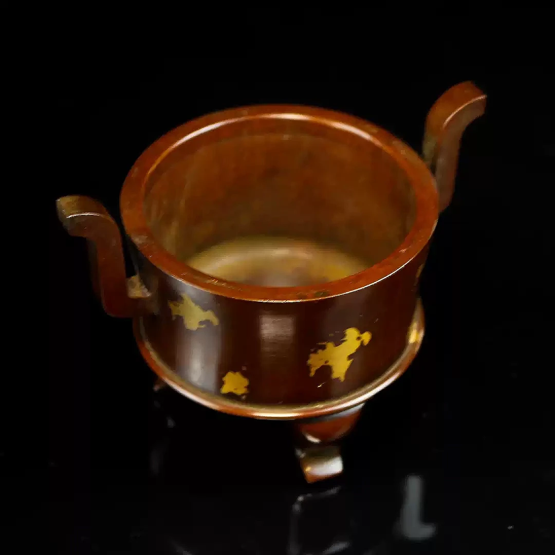 Gold Splash Purple Copper Tripod Censer - Antique Bronze Temple Style with Handles - Side View