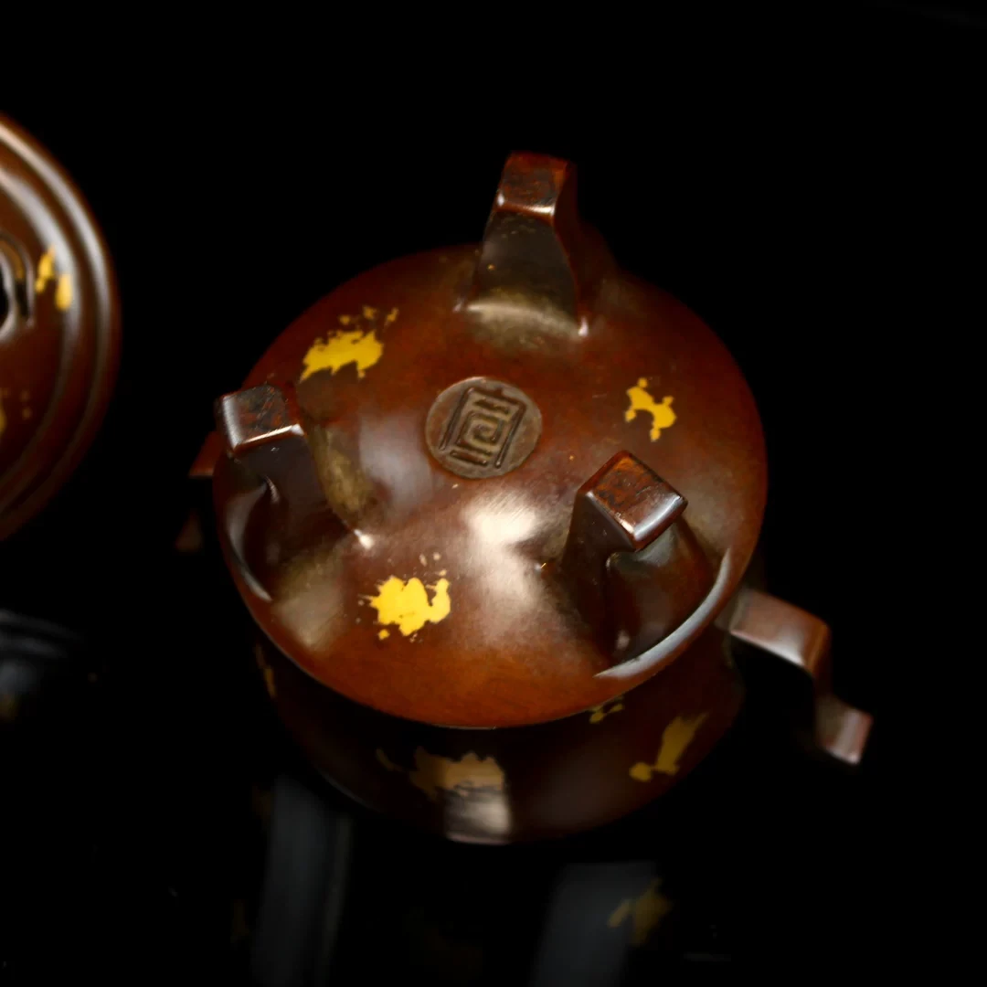 Gold Splash Purple Copper Tripod Censer - Antique Bronze Temple Style with Handles - Back View