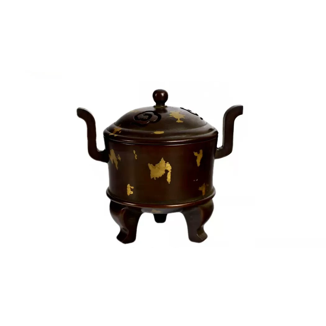 Gold Splash Purple Copper Tripod Censer - Antique Bronze Temple Style with Handles - Detail Shot