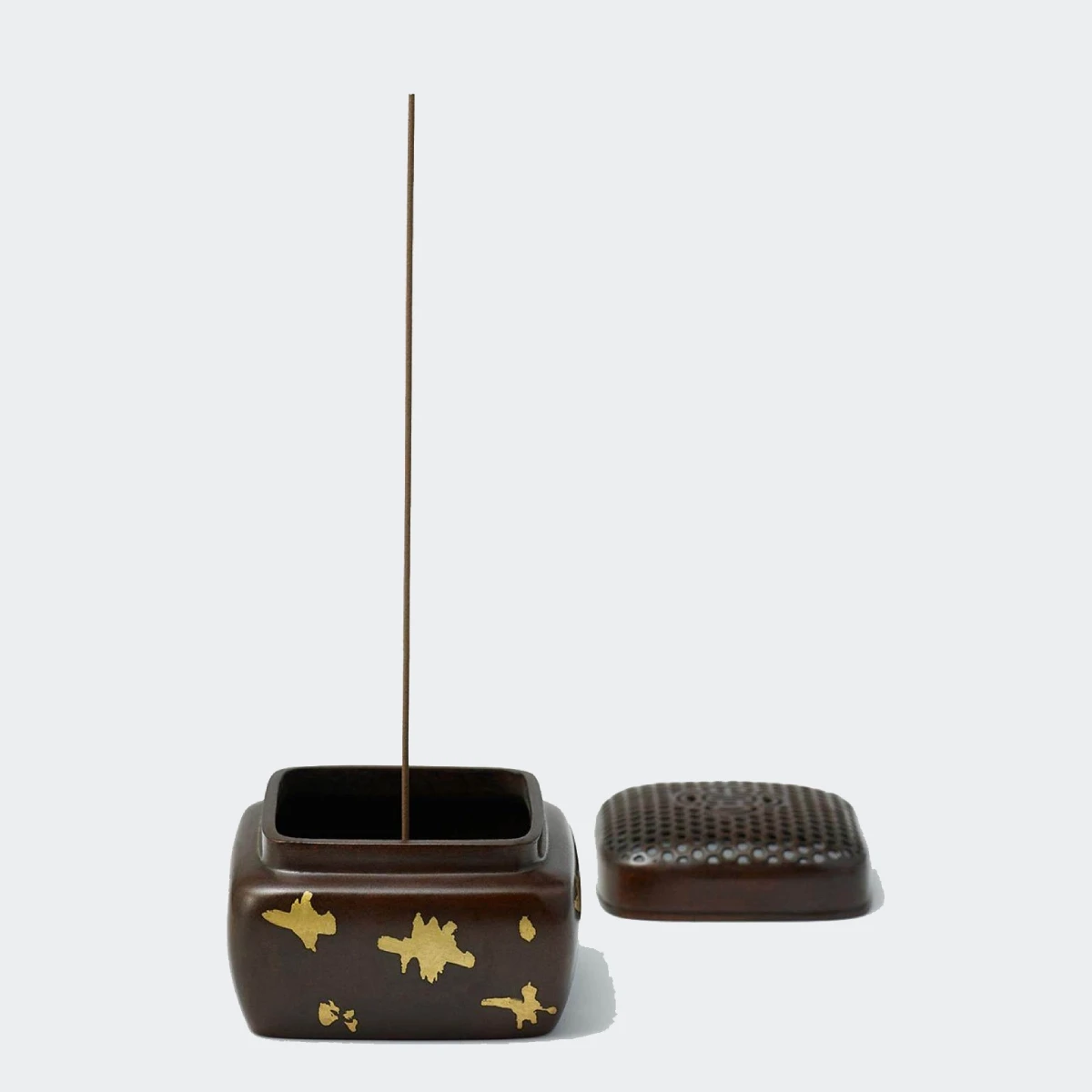 Gold Splash Purple Copper Square Incense Burner - Antique Style Censer with Lid - Side View
