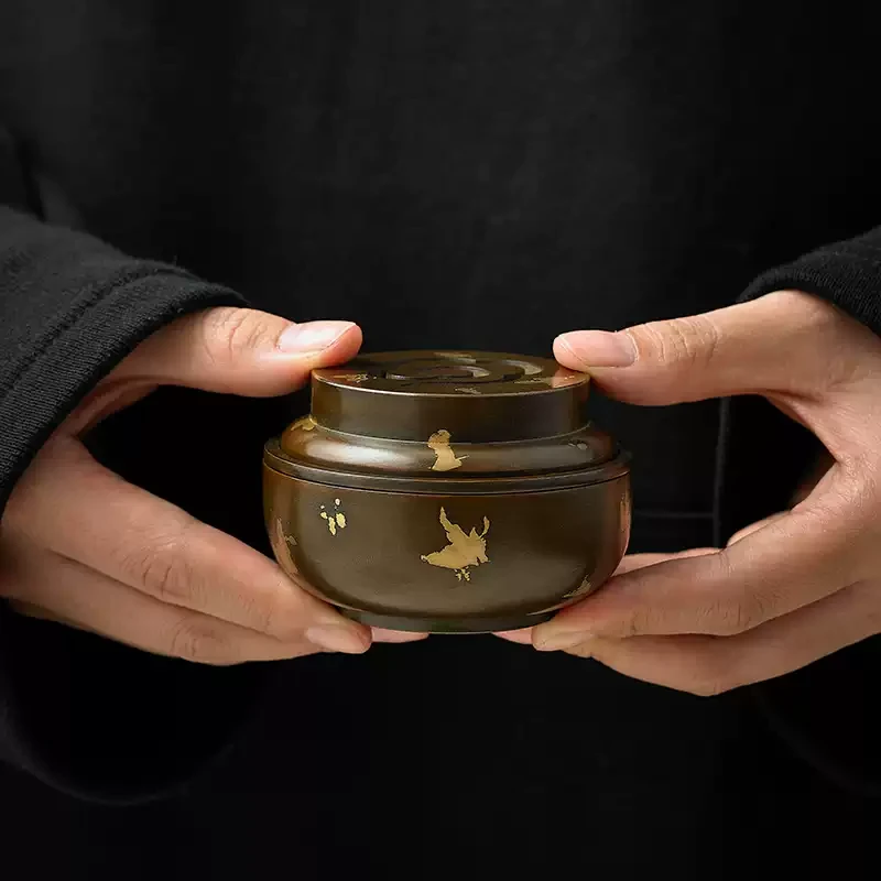Gold Splash Purple Copper Incense Pot - Antique Agarwood Burner with Cloud Lid - Side View