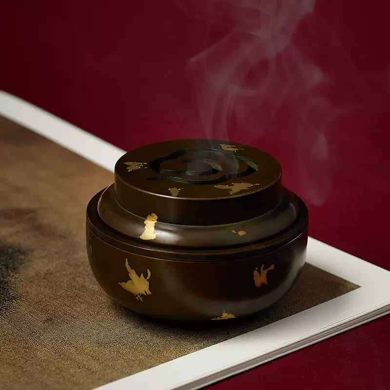 Gold Splash Purple Copper Incense Pot - Antique Agarwood Burner with Cloud Lid regular brown