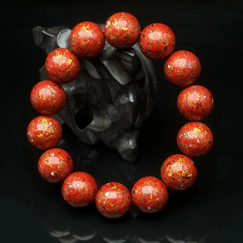 Chinese Lacquerware & Urushi, Buddha & Taoism Bracelet 12mm x 16 cinnabar