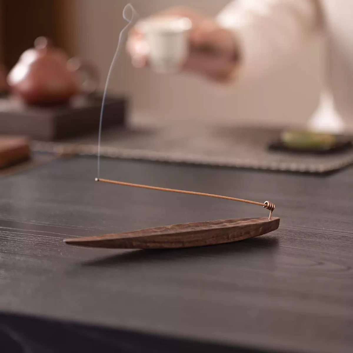 The Zenith Vessel | Hand-Carved Ebony & Walnut Zen Incense Boat - Front View