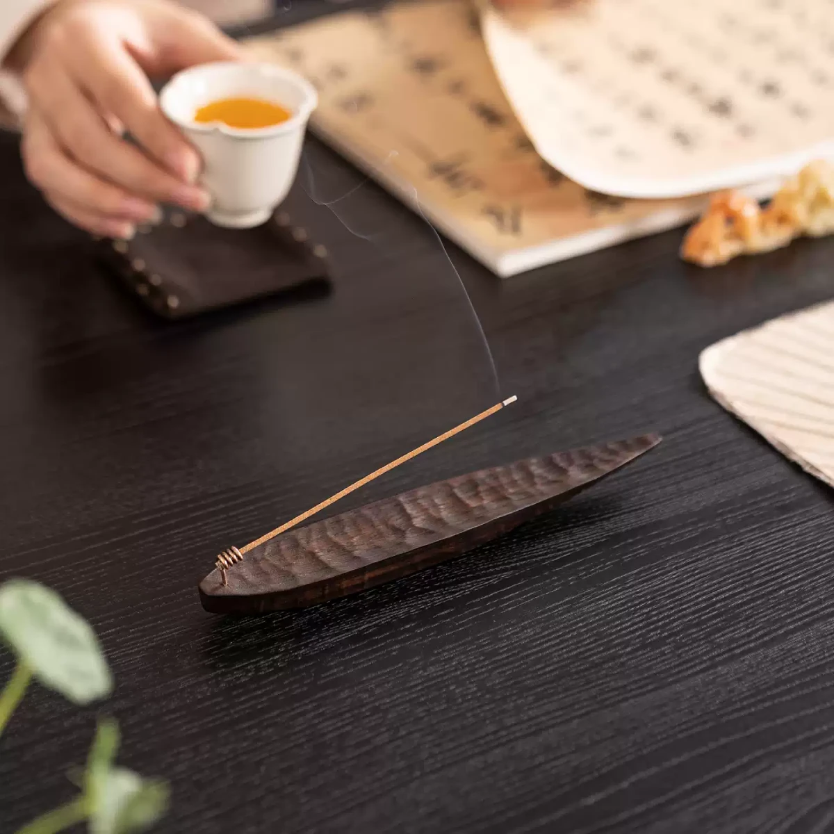 The Zenith Vessel | Hand-Carved Ebony & Walnut Zen Incense Boat - Detail Shot